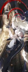 1girl absurdres arm_strap bare_shoulders black_gloves black_pants black_shoes black_tail breasts cleavage commentary_request curled_horns demon_tail gloves glowing_horns greatsword highres holding holding_sword holding_weapon horns large_breasts long_hair looking_at_viewer pants parted_lips red_eyes sena_8ito shirt shirt_tucked_in shoes solo sword tail torn_clothes torn_shirt weapon white_hair white_shirt wuthering_waves zani_(wuthering_waves)