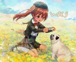 1girl adversarial_noise artist_name beret black_hat black_jacket black_skirt blue_sky brown_eyes brown_hair cloud collared_shirt commission dark-skinned_female dark_skin day dog dress_shirt hat jacket kantai_collection libeccio_(kancolle) long_hair official_alternate_costume outdoors pug shirt skeb_commission skirt sky twintails watermark white_shirt wss_(nicoseiga19993411)