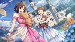 Rule 34 | 2girls, ahoge, antenna hair, black eyes, black hair, blue dress, brown hair, castle, closed eyes, commentary request, day, dress, dutch angle, earrings, flower, game cg, garden, glint, gloves, holding, holding stuffed toy, holding teddy bear, idolmaster, idolmaster (classic), idolmaster million live!, idolmaster million live! theater days, jewelry, kikuchi makoto, kinoshita hinata, lens flare, multiple girls, necklace, official art, open mouth, outdoors, pink dress, princess, short hair, short sleeves, skirt hold, smile, standing, stuffed animal, stuffed toy, sunlight, teddy bear, teeth, third-party source, tiara, upper teeth only, white gloves