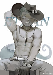 1boy abs absurdres arknights arm_behind_head bandaid bandaid_on_face bandaid_on_nose black_gloves black_hat black_pants chameleon_boy chameleon_tail character_name chinese_commentary commentary_request cowboy_hat ethan_(arknights) facial_hair gloves goatee grin hat highres looking_at_viewer male_focus muscular muscular_male one_eye_closed pants pectorals pointy_ears sitting smile tail topless_male watermark weibo_watermark white_background yi_tan_a_mi_ba