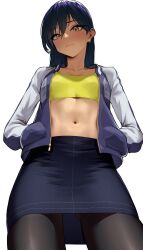 1girl black_pantyhose blue_hair blue_skirt blush closed_mouth collarbone commentary cowboy_shot earclip gundam gundam_gquuuuuux hair_between_eyes hands_in_pockets highres jacket long_hair looking_at_viewer midriff navel nyaan_(gundam_gquuuuuux) open_clothes open_jacket pantyhose rakuga_kiya simple_background skirt solo standing white_background yellow_eyes