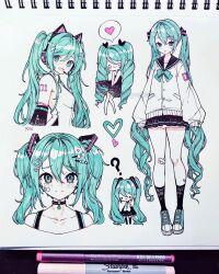 ._. 1girl :3 ? absurdres animal_ear_headphones animal_ears anny_(yoai) aqua_bow aqua_bowtie aqua_eyes aqua_hair aqua_necktie bandaged_knees bare_shoulders between_legs black_dress black_skirt black_sleeves black_socks bow bowtie cat_ear_headphones chibi choker collarbone cropped_shoulders cropped_torso detached_sleeves dress fake_animal_ears full_body hair_intakes hair_ornament hairclip hand_between_legs hatsune_miku headphones headset heart heart_choker heart_hair_ornament heart_pendant highres jacket long_hair looking_at_viewer marker_(medium) miniskirt multiple_views necktie o_o pendant_choker pleated_skirt shirt shoes shoulder_tattoo skirt sleeveless sleeveless_shirt smile sneakers socks speech_bubble spoken_heart straight-on tattoo traditional_media twintails upper_body very_long_hair vocaloid white_jacket white_shirt