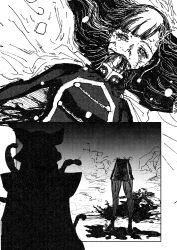 absurdres blood blood_on_face blood_splatter breasts capelet dismemberment gojou_satoru guro highres jujutsu_kaisen large_breasts lying mato_seihei_no_slave military_uniform mutilation pantyhose pantyhose_under_shorts parody short_shorts shorts spoilers yamashiro_ren