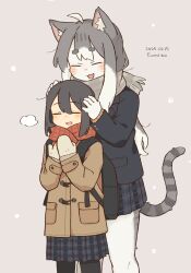 2025 2girls absurdres ahoge animal_ear_fluff animal_ears artist_name backpack bag black_bag black_hair black_pantyhose blue_jacket blue_skirt body_fur brown_jacket closed_eyes commentary_request cowboy_shot dated enpera fumiko_(rubra_plumeria) fur-trimmed_mittens fur_trim furry furry_female grey_background grey_fur grey_hair grey_scarf hair_between_eyes hands_on_another&#039;s_head hands_up highres jacket long_hair long_sleeves mittens multicolored_hair multiple_girls open_mouth original pantyhose plaid_clothes plaid_skirt pleated_skirt red_scarf scarf short_hair sidelocks skirt smile tail two-tone_fur two-tone_hair white_fur white_hair white_mittens