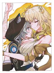 2girls aglaea_(honkai:_star_rail) animal_ears backless_outfit bare_shoulders black_gloves blonde_hair breasts cat_ears cipher_(honkai:_star_rail) cleavage closed_eyes closed_mouth commentary_request dress eardoor_1022 gloves grey_hair highres honkai:_star_rail honkai_(series) hug korean_commentary large_breasts laurel_crown multiple_girls simple_background smile upper_body white_background white_dress yuri