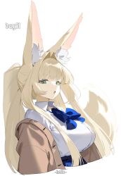 1girl animal_ear_fluff animal_ears blonde_hair blue_bow blue_skirt bow brown_coat buttons coat fox_ears fox_girl fox_girl_miko_(7317helic) fox_tail green_eyes hair_intakes helic_(7317helic) highres long_hair looking_at_viewer off_shoulder open_mouth original ponytail shirt signature simple_background skirt solo tail upper_body white_background white_shirt