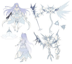 1girl absurdres blue_eyes breasts center_opening commission dress elbow_gloves energy_wings flat_color full_body gloves grey_hair heterochromia highres holding holding_staff long_hair mecha_musume mechanical_arms mechanical_tail mechanical_wings medium_breasts multiple_views mytea_(soso) original reference_sheet skeb_commission solo staff tail thighhighs veil very_long_hair white_background white_dress white_gloves wings yellow_eyes