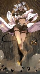 1girl black_shorts black_socks black_top dark_skin demon_tail horn jacket long_hair looking_at_viewer mammon_(tomb_raider_king) open_clothes open_jacket open_mouth orange_eyes shorts smile socks solo suspenders tail tomb_raider_king white_hair white_jacket