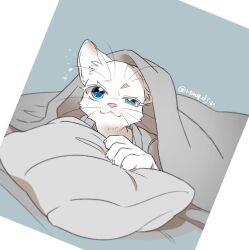 1boy animal_hands babeldj blue_background blue_eyes body_fur cat_boy claws colored_eyelashes commentary_request furry furry_male grey_shirt looking_at_viewer lying male_focus on_stomach original pillow shirt simple_background solo under_covers uneven_eyes upper_body whiskers white_fur