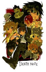 2girls 6+boys :o absurdres amane_misa apple arm_up belt belt_buckle black_belt black_choker black_hair black_necktie black_pants black_shoes blonde_hair border brown_eyes brown_hair buckle burn_scar candy chocolate chocolate_bar choker closed_eyes closed_mouth collared_shirt commentary copyright_name death_note death_note_(object) facial_hair food formal_clothes fruit fur-trimmed_jacket fur_trim glasses goggles goggles_on_head hair_between_eyes hand_on_own_chin highres holding holding_food holding_fruit jacket l_(death_note) logo long_hair long_sleeves matt_(death_note) mello_(death_note) mikami_teru mouth_hold multiple_boys multiple_girls mustache near_(death_note) necktie outside_border pants parted_lips red_background red_eyes rem_(death_note) ryuk scar shirt shoes simple_background smile striped_necktie suit symbol-only_commentary two_side_up watari_(death_note) white_border white_hair white_shirt wing_collar xi_luo_an_ya yagami_light