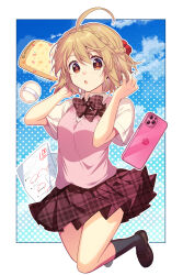 1girl :o academic_test ahoge black_socks blonde_hair blue_sky blush border bow bowtie brown_shoes cellphone cloud collared_shirt commentary_request full_body hana_uta_memoire hands_up ichinose_kei loafers looking_at_viewer open_mouth orange_eyes outline outside_border pencil_case phone pink_vest plaid_bow plaid_clothes plaid_skirt pleated_skirt red_bow red_bowtie red_skirt sasaki_ume school_uniform shirt shoes short_hair short_sleeves skirt sky smartphone socks solo test_score unmoving_pattern vest white_border white_outline white_shirt