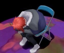 Rule 34 | 1boy, ahoge, black background, black hair, chair, folding chair, full body, head in hand, hood, hoodie, long sleeves, male focus, meme, messy hair, neon genesis evangelion, red hair, shinji in a chair (meme), simple background, sitting, solo, solo focus, sumino takumi, the hundred line -last defense academy-