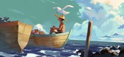 1boy animal animal_on_head bird bird_on_head blue_theme boat child closed_mouth cloud hat highres looking_up net ocean on_head original scenery seagull short_hair short_sleeves shorts sitting sky summer sun_hat taizo_(taizo_03) watercraft