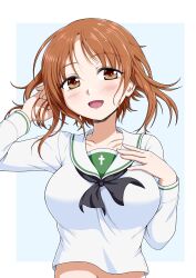 1girl black_neckerchief blouse brown_eyes brown_hair commentary girls_und_panzer hand_in_own_hair hand_on_own_chest highres kyo9999 long_sleeves looking_at_viewer midriff neckerchief nishizumi_miho ooarai_school_uniform open_mouth sailor_collar school_uniform serafuku shirt short_hair smile solo upper_body white_sailor_collar white_shirt