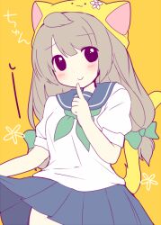 1girl blue_sailor_collar blue_skirt blush bow closed_mouth clothes_lift di_gi_charat dot_nose green_bow green_neckerchief hair_bow hat index_finger_raised long_hair looking_at_viewer mikurun neckerchief pleated_skirt puchiko sailor_collar school_uniform serafuku skirt skirt_lift smile solo twintails yellow_background