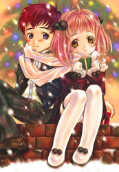 00s blush christmas christmas_tree gaignun_kukai_jr. jr. momo_mizrahi scarf shared_clothes shared_scarf snow ukita_tougo xenosaga
