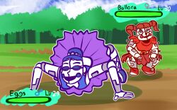 Rule 34 | 2girls, animatronic, ballerina, ballet slippers, ballora (fnaf), circus baby (fnaf), closed eyes, clothed robot, clown, clown nose, commentary, crossover, five nights at freddy&#039;s, five nights at freddy&#039;s: sister location, gameplay mechanics, highres, multiple girls, nintendo, open mouth, orange hair, pokemon, pokemon sm, purple hair, red hair, robot, robot girl, short hair, smile, tutu, twintails, wolf-con-f