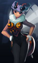 1girl antennae arthropod_girl bare_arms bee_girl breasts capcom darkstalkers extra_eyes female_focus fur_collar hands_on_own_hips insect_girl leotard monster_girl morganagod no_lineart pantyhose purple_eyes purple_hair q-bee short_hair sleeveless solo wings