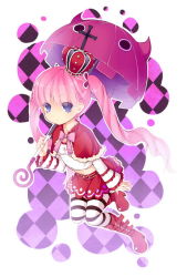 1girl argyle_background argyle_clothes black_pantyhose black_stripes blue_eyes boots bow cape capelet checkered_background chibi cross crown curly_hair dress female_focus full_body fur_trim high_heel_boots high_heels highres knee_boots long_hair long_sleeves looking_at_viewer midriff mini_crown missing_textures one_piece pantyhose parasol patterned_legwear perona pink_background pink_bow pink_hair purple_eyes red_cape red_crown red_dress red_footwear red_skirt saru shirt shoes short_cape skirt solo striped_clothes striped_pantyhose twintails two-tone_stripes umbrella white_pantyhose white_shirt white_stripes