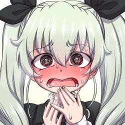 1girl @_@ after_kiss anchovy_(girls_und_panzer) anzio_school_uniform black_necktie black_ribbon blush brown_eyes commentary_request embarrassed fingernails full-face_blush girls_und_panzer gradient_background green_hair hair_between_eyes hair_ribbon hand_on_own_face hanya_(hanya_yashiki) long_hair long_sleeves looking_at_viewer necktie nose_blush raised_eyebrows ribbon school_uniform solo sweat twintails upper_body