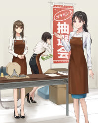 3girls absurdres apron banner black_hair black_shoes black_skirt blue_skirt box brown_apron brown_hair cardboard_box commentary_request commission high_heels highres legs long_hair long_skirt long_sleeves multiple_girls office_lady original pencil_skirt pixiv_commission ponytail setu_kurokawa shoes short_hair skirt table variant_set