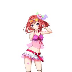 1girl anime_coloring ankle_lace-up arm_tattoo bare_shoulders belt belt_buckle bikini bikini_skirt blush bracelet breasts buckle cleavage closed_mouth cowboy_shot eyewear_on_head flower frilled_bikini frilled_skirt frills front-tie_top hair_flower hair_ornament hands_in_hair hands_in_own_hair hands_up heart heart_tattoo hibiscus jewelry leg_tattoo looking_at_viewer love_live! love_live!_school_idol_festival love_live!_school_idol_project medium_hair midriff natsuiro_egao_de_1_2_jump! navel necklace nishikino_maki official_art pearl_necklace pink_belt pink_flower pink_lips purple_eyes red_bikini red_flower red_hair see-through_clothes see-through_frills skirt smile solo string_bikini striped_bikini striped_clothes sunglasses swimsuit tattoo tinted_eyewear transparent_background