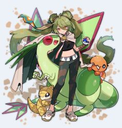1girl 3others absurdres bandaged_arm bandages cape claws crocs crop_top double_bun dragon dragon_tail dragon_wings floating_hair flygon fuinagi_(huyuu_mm) full_body gen_1_pokemon gen_3_pokemon great_ball green_hair ground_miku_(project_voltage) hair_bun happy hatsune_miku highres hug long_hair midriff multiple_others nintendo orange_eyes pants poke_ball pokemon pokemon_(creature) project_voltage sand sandshrew smile tail trapinch twintails very_long_hair vocaloid wings