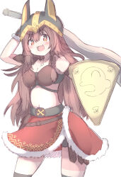 Rule 34 | 1girl, :d, animal ears, animal helmet, arm behind head, arm up, bare shoulders, black shorts, black thighhighs, blush, braid, breasts, brown hair, cartoon bone, cleavage, commentary request, fake animal ears, fangs, fur-trimmed skirt, fur trim, grey helmet, hair between eyes, helmet, highres, holding, holding sword, holding weapon, hololive, inugami korone, inugami korone (viking), listener (inugami korone), long hair, looking at viewer, medium breasts, navel, open mouth, red eyes, red skirt, shield, shorts, shorts under skirt, simple background, skirt, smile, solo, sword, thick eyebrows, thighhighs, umberblack, v-shaped eyebrows, very long hair, virtual youtuber, weapon, white background