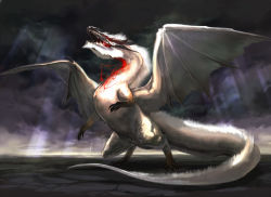 Rule 34 | capcom, cloud, cloudy sky, dragon, fatalis, glowing, horns, jimu kaji, kajimiya (kaji), light rays, monster hunter (series), no humans, open mouth, sharp teeth, sky, solo, sunbeam, sunlight, teeth, white fatalis