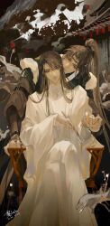 2boys absurdres architecture army black_hanfu black_headband brown_eyes brown_hair building chair chinese_clothes chinese_commentary closed_mouth crossed_legs earrings east_asian_architecture flag folded_fan folding_fan fur_trim hand_fan hanfu headband high_ponytail highres holding holding_fan holding_flag holding_hands jewelry lanfsir long_hair long_sleeves looking_at_another male_focus multiple_boys on_chair ponytail qiang_jin_jiu sash shen_zechuan single_earring sitting smoke thumb_ring white_hanfu white_sash wide_sleeves xiao_chiye yaoi