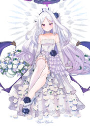 1girl alternate_costume bare_shoulders black_halo black_horns blue_archive blue_flower blush bouquet breasts choker closed_mouth collarbone commentary_request dress elbow_gloves flower footwear_flower gloves halo high_heels highres hina_(blue_archive) horns invisible_chair jin_young-in loli long_hair looking_at_viewer parted_bangs purple_eyes shoes simple_background single_thighhigh sitting small_breasts smile solo strapless strapless_dress thighhighs very_long_hair white_background white_choker white_dress white_gloves white_hair white_shoes white_thighhighs