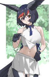 Rule 34 | 1girl, bare arms, bare shoulders, barn swallow (kemono friends), bird girl, bird tail, bird wings, black gloves, black hair, blonde hair, border, brown hair, clothes lift, collared shirt, cowboy shot, gloves, hair between eyes, hand up, head wings, highres, kemono friends, kemono friends 3, legs apart, lifting own clothes, looking at viewer, medium hair, miniskirt, multicolored hair, navel, necktie, outside border, parted lips, red hair, shirt, shirt lift, short necktie, skirt, sleeveless, sleeveless shirt, solo, stomach, tail, tanabe (fueisei), white border, white shirt, white skirt, wing collar, wings