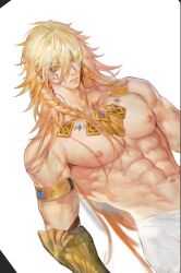 Rule 34 | 1boy, abs, armlet, baiyinshanguo1, blonde hair, braid, chinese commentary, commentary request, dutch angle, earrings, gauntlets, gold earrings, gold necklace, hair between eyes, honkai: star rail, honkai (series), jewelry, male focus, medium hair, muscular, muscular male, mydei (honkai: star rail), navel, necklace, pectorals, side braid, simple background, solo, towel, towel around waist, unfinished, white background, yellow eyes