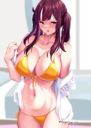1girl :o bikini blush breasts brown_hair cevio cleavage commentary_request gold_bikini hair_ribbon highres large_breasts long_hair looking_at_viewer mole mole_under_eye natsuki_karin navel open_mouth potassium_oh purple_eyes ribbon shirt sidelocks solo standing swimsuit twitter_username underboob white_shirt