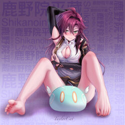 1girl absurdres anemo_slime_(genshin_impact) artist_name bare_legs barefoot black_nails black_sleeves blush breasts feet full_body genderswap genderswap_(mtf) genshin_impact green_eyes highres knee_blush large_breasts light_smile long_hair long_sleeves mole mole_under_eye nail_polish purple_hair shikanoin_heizou slime_(genshin_impact) smile taylorcat toenail_polish toenails toes