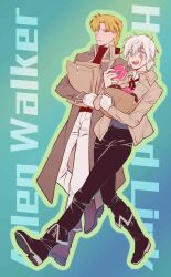 Rule 34 | 2boys, allen walker, bag, black boots, black pants, blonde hair, blue background, blue vest, boots, braid, brown coat, brown jacket, coat, collared coat, collared jacket, collared shirt, d.gray-man, donut, english text, facial mark, food, forehead mark, gloves, gradient background, green background, grey eyes, hair between eyes, hair over one eye, highres, holding, holding bag, holding donut, holding food, howard link, jacket, long coat, long hair, looking at another, looking at viewer, low ponytail, male focus, multiple boys, open mouth, pants, ponytail, purple boots, red eyes, red ribbon, red shirt, ribbon, rocheng, scar, scar across eye, scar on face, shirt, short hair, short ponytail, sidelocks, single braid, single glove, star (symbol), star facial mark, trench coat, turtleneck, turtleneck shirt, vest, white gloves, white hair, white pants, white shirt