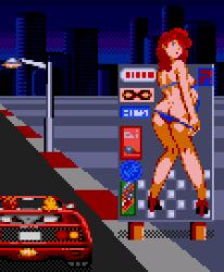 Rule 34 | 1boy, 2girls, ass, blonde hair, blue bra, blue eyes, blue panties, bra, breasts, building, butt crack, car, city, cityscape, from behind, high heels, infinity symbol, lamppost, large breasts, long hair, looking at viewer, looking back, motor vehicle, multiple girls, night, night sky, out run, panties, panty pull, pavement, pixel art, red hair, red shoes, road, saiwai hiroshi, sega, shoes, short hair, sitting, sky, skyscraper, standing, turbo outrun, underwear, undressing