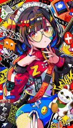 1girl :t absurdres black_hair black_jacket blue_shorts blunt_bangs colorful commentary cowboy_shot glasses hair_ornament hairclip harness hashtag-only_commentary heart heart-shaped_eyewear highres icon_(computing) jacket jewelry long_sleeves looking_at_viewer looking_to_the_side maneki-neko multicolored_hair multicolored_jacket nail_polish original pixel_art_inset pout print_jacket puffy_sleeves recycle_bin red_eyes red_jacket ring short_shorts shorts smiley_face solo space_invaders ssm_a_u standing symbol-only_commentary three_quarter_view tinted_eyewear walkman weapon weapon_on_back white_jacket white_nails yellow-tinted_eyewear