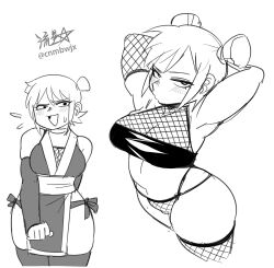 1girl armpits arms_behind_head breasts cleavage commentary curvy detached_sleeves embarrassed english_commentary fishnet_panties fishnet_thighhighs fishnet_top fishnets flying_sweatdrops greyscale highres medium_breasts monochrome navel panties puckered_lips roxie_richter ryuusei_(mark_ii) scott_pilgrim_(series) scott_pilgrim_takes_off see-through_cleavage see-through_clothes short_twintails signature sweatdrop thighhighs thighs twintails twitter_username underwear white_background