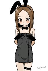 1girl absurdres animal_ears black_bow black_bowtie black_gloves blush bow bowtie brown_eyes brown_hair closed_mouth commentary_request detached_collar fake_animal_ears gloves gluteal_fold grey_background highres karakai_jouzu_no_takagi-san lander0808 loli long_hair naked_towel rabbit_ears simple_background smile solo standing takagi-san thigh_strap towel traditional_bowtie