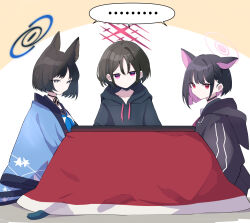 ... 3girls animal_ears black_choker black_hair black_hoodie black_ribbon blue_archive blue_cape blue_halo blue_neckerchief blue_sailor_collar cape cat_ears choker colored_inner_hair desk drawstring grey_eyes halo highres hood hoodie kazusa_(blue_archive) kikyou_(blue_archive) looking_at_viewer mask mask_pull misaki_(blue_archive) mouth_mask multicolored_hair multiple_girls neck_ribbon neckerchief pink_eyes pink_hair pink_halo red_eyes red_halo ribbon sailor_collar short_hair simple_background single_hair_intake sitting spoken_ellipsis tonomiya68 two-tone_background white_background yellow_background