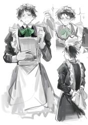 Rule 34 | 1boy, apron, arms behind back, black dress, black hair, closed eyes, collared shirt, dress, eyewear on head, gloves, hand on own stomach, highres, holding, holding towel, limbus company, lollipop in mouth, maid, maid apron, maid headdress, male focus, messy hair, multiple views, project moon, samjo (project moon), shirt, sparkle, sweatdrop, towel, upper body, white background, white gloves, wuruko