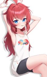 1girl absurdres ahoge armpits arms_behind_head bike_shorts blue_archive blue_eyes collarbone commentary crossed_bangs crossed_legs drop_shadow food food_in_mouth halo highres jei_(user_tckk7448) long_hair looking_at_viewer maki_(blue_archive) maki_(pajamas)_(blue_archive) official_alternate_costume official_alternate_hairstyle pocky pocky_in_mouth red_hair red_halo shadow simple_background sitting solo white_background
