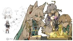 1boy 3girls animal_ear_fluff animal_ears aqua_eyes aqua_hair aqua_shirt arrow_(symbol) aventurine_(honkai:_star_rail) bare_shoulders beads black_boots black_choker black_collar black_gloves black_jacket black_shorts black_vest blonde_hair blue_eyes blue_hair blue_shirt boots breasts chinese_clothes choker closed_mouth clothing_cutout coat collar collared_shirt commentary_request creature crossed_bangs detached_sleeves dress earrings feathered_wings feixiao_(honkai:_star_rail) fingerless_gloves forehead_jewel fox_ears fox_girl full_body fur-trimmed_jacket fur_trim gloves gold_necklace gold_ring hair_beads hair_between_eyes hair_ornament halo hand_up head_wings heart_cutout high_ponytail highres holding honkai:_star_rail honkai_(series) jacket jewelry lapels long_hair long_sleeves looking_at_another looking_at_object mandarin_collar medium_breasts multicolored_eyes multicolored_hair multiple_girls multiple_rings neck_tattoo necklace numby_(honkai:_star_rail) open_clothes open_coat open_jacket open_mouth parted_bangs pet ponytail purple_dress purple_eyes purple_sleeves red_hair red_ribbon ribbon ring rizu033 robin_(honkai:_star_rail) shirt short_hair short_sleeves shorts sidelocks signature simple_background sleeveless sleeveless_dress sleeveless_shirt smile standing star_ornament streaked_hair tassel tassel_earrings tassel_hair_ornament tattoo thigh_strap topaz_(honkai:_star_rail) treasure_chest trotter_(honkai:_star_rail) two-tone_dress two-tone_hair upper_body v-shaped_eyebrows vest white_background white_coat white_dress white_hair white_shirt wings