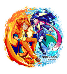 1boy 1girl blue_hair charizard creatures_(company) game_freak gen_1_pokemon gen_6_pokemon greninja hatsuru_826 nintendo orange_hair personification pokemon