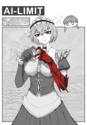Rule 34 | 2girls, absurdres, ahoge, ai limit, apron, arrisa, asymmetrical gloves, blue eyes, breasts, copyright name, four-finger heart hands, gloves, greyscale, hair between eyes, heart, heart hands, highres, medium breasts, mismatched gloves, monochrome, multiple girls, red eyes, short hair, spot color, suan luobo