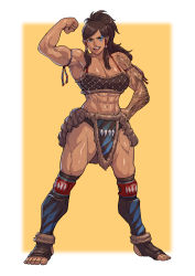 1girl abs absurdres alternate_universe armor avatar_legends biceps breasts brown_hair cirenk commission dark-skinned_female dark_skin flexing fur_trim greaves green_eyes hand_on_own_hip highres korra large_breasts long_bangs long_hair looking_at_viewer muscular muscular_female simple_background solo tattoo tattoo_sleeve the_legend_of_korra