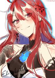 1girl black_gloves blue_fire blush character_name closed_mouth coll_(erichankun) colored_inner_hair dress earrings elizabeth_rose_bloodflame elizabeth_rose_bloodflame_(1st_costume) eyelashes fire gloves highres hololive hololive_english jewelry long_hair looking_at_viewer multicolored_hair portrait red_eyes red_hair sketch solo twitter_username virtual_youtuber white_background