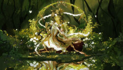 1girl animal_ears brown_hair centauroid collarbone commentary deer_ears deer_girl deer_tail dress forest full_body green_eyes highres jessica_(reverse:1999) long_hair looking_at_viewer monster_girl mrruaaa multiple_legs nature official_alternate_costume outdoors parted_bangs parted_lips pink_dress reverse:1999 short_sleeves sidelocks sitting smile solo symbol-only_commentary tail taur water white_dress