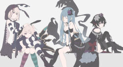 4girls black_hair black_thighhighs blonde_hair breasts chaos_alice_(grimms_notes) chaos_cinderella_(grimms_notes) chaos_red_riding_hood_(grimms_notes) chaos_snow_white_(grimms_notes) cleavage cloak dress elbow_gloves extra_hands eye_mask flat_color flower gloves grimms_notes hair_flower hair_ornament highres hood hooded_cloak horizontal-striped_thighhighs iumi_urura long_hair mask_over_one_eye medium_breasts multiple_girls one_eye_closed purple_cloak purple_dress purple_flower purple_rose red_eyes rose short_hair simple_background sitting smile striped_clothes striped_gloves thighhighs twintails white_background white_flower wings